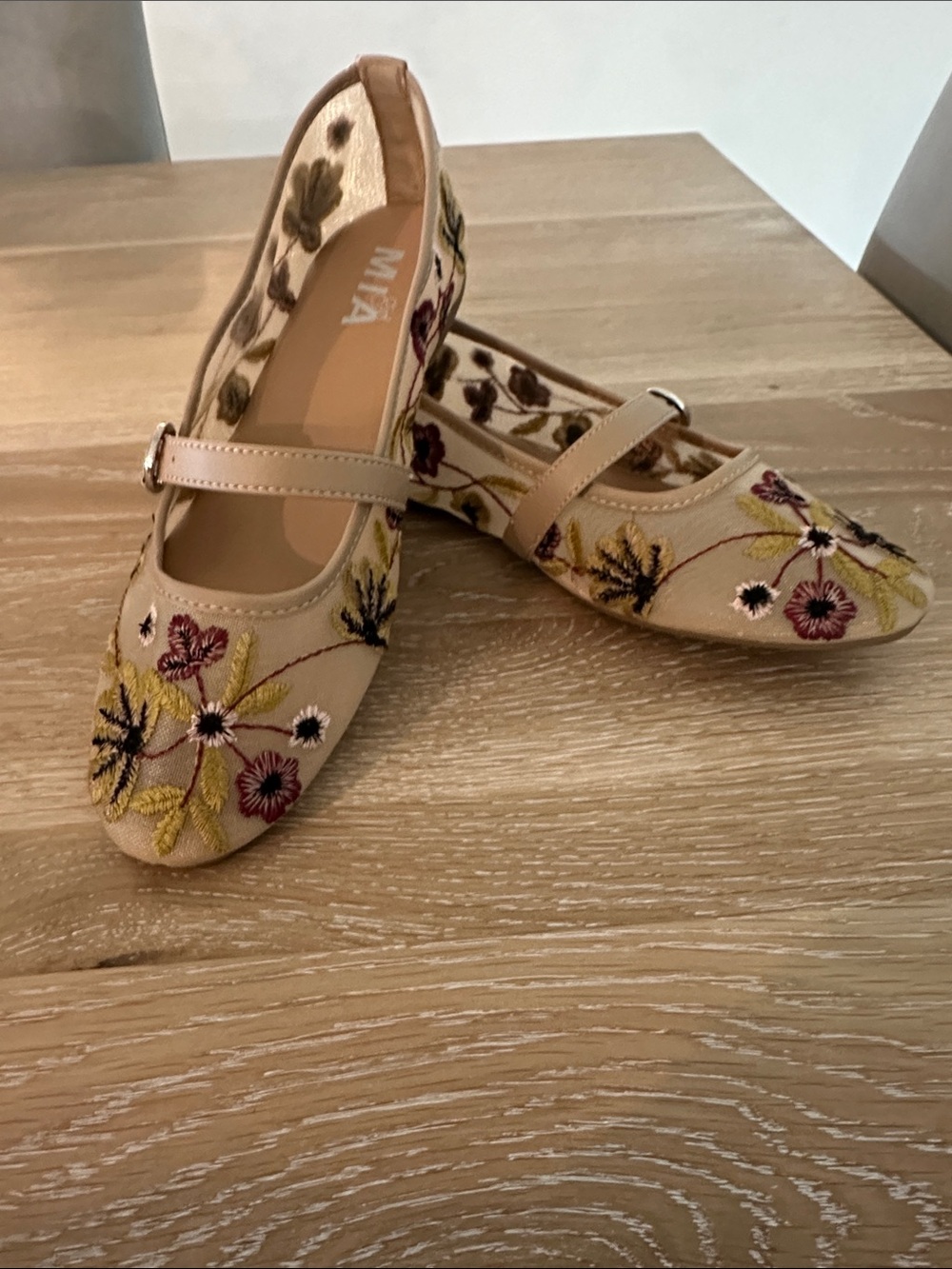 MIA Beige Embroidered Floral Mary Jane Flats